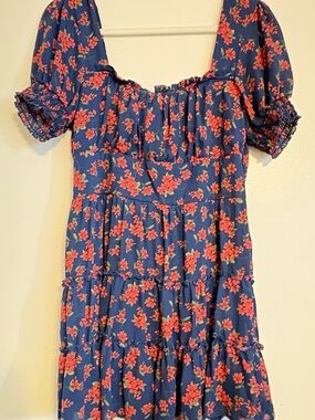 Francesca's Collections Blue Midi Dress with Red Floral Print